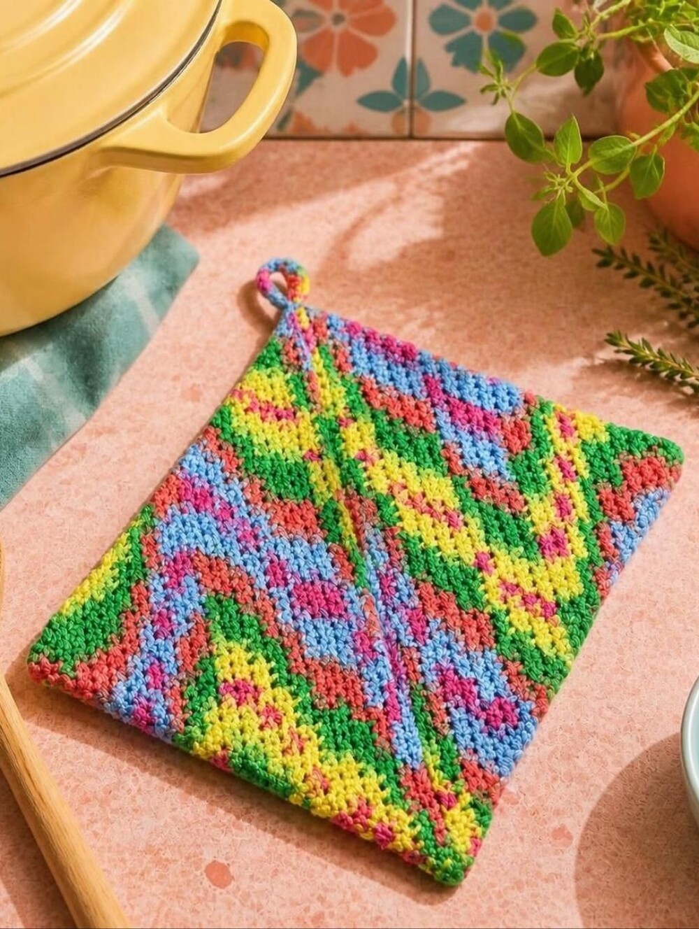 Handmade Multicolor Crochet Pot Holder - Vibrant Kitchen Accent